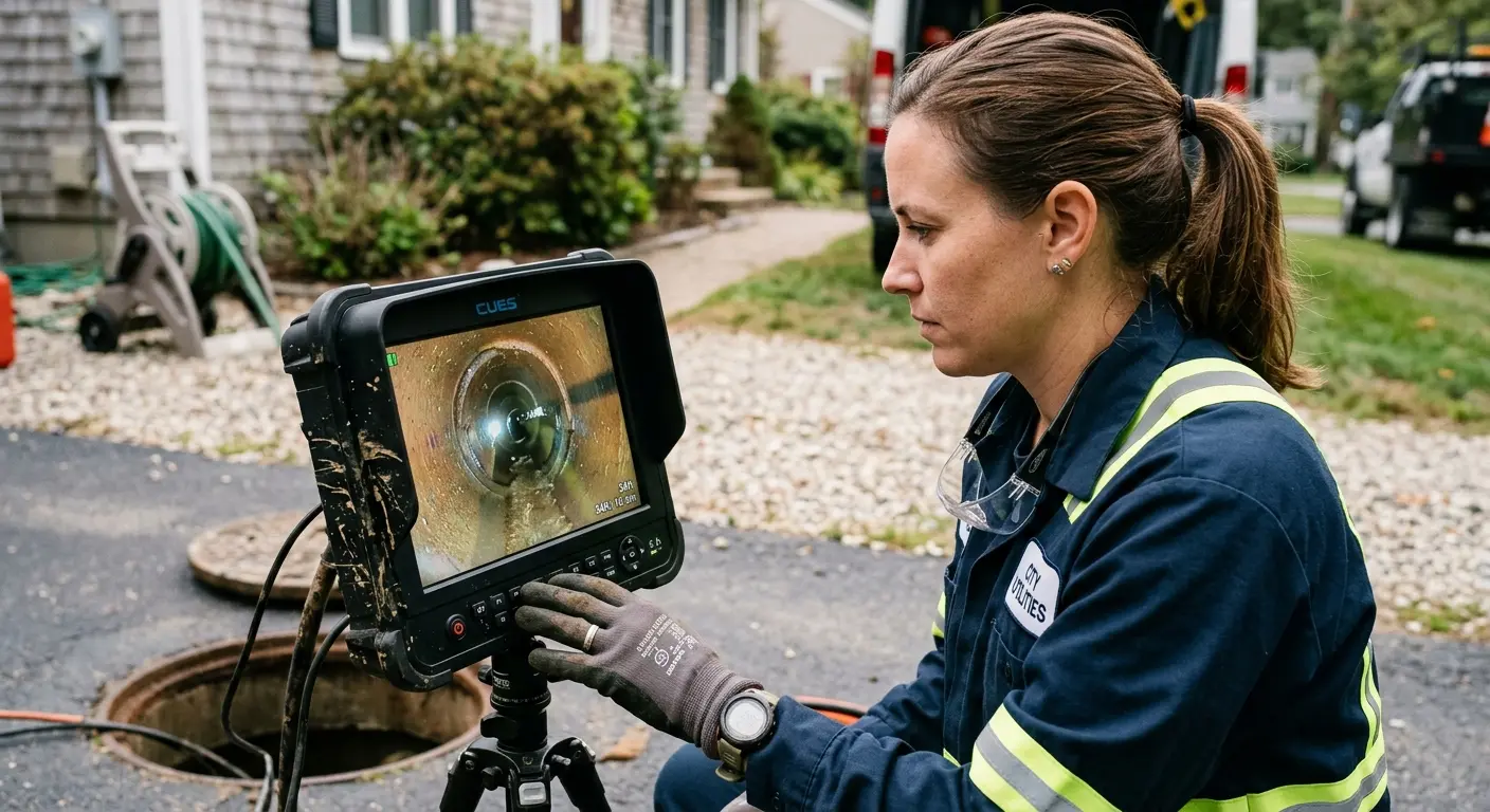 Technician reviewing sewer camera inspection footage in River Park
