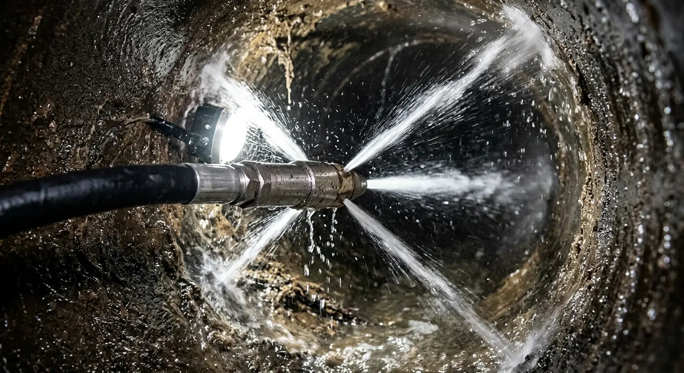 High-pressure hydro jetting nozzle cleaning sewer pipe for Emergency Drain Service in River Park