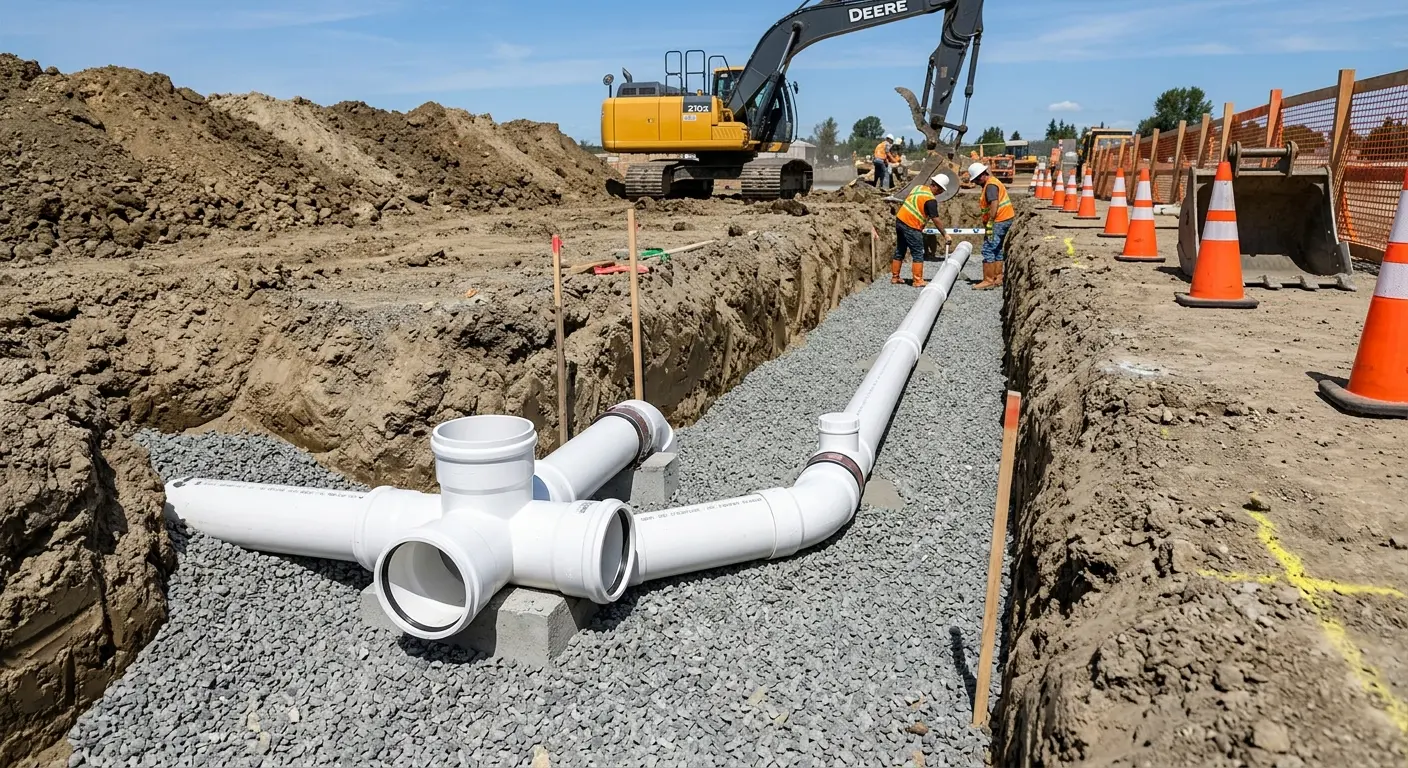 New PVC sewer pipe installation in open trench for Grease Trap Cleaning in River Park