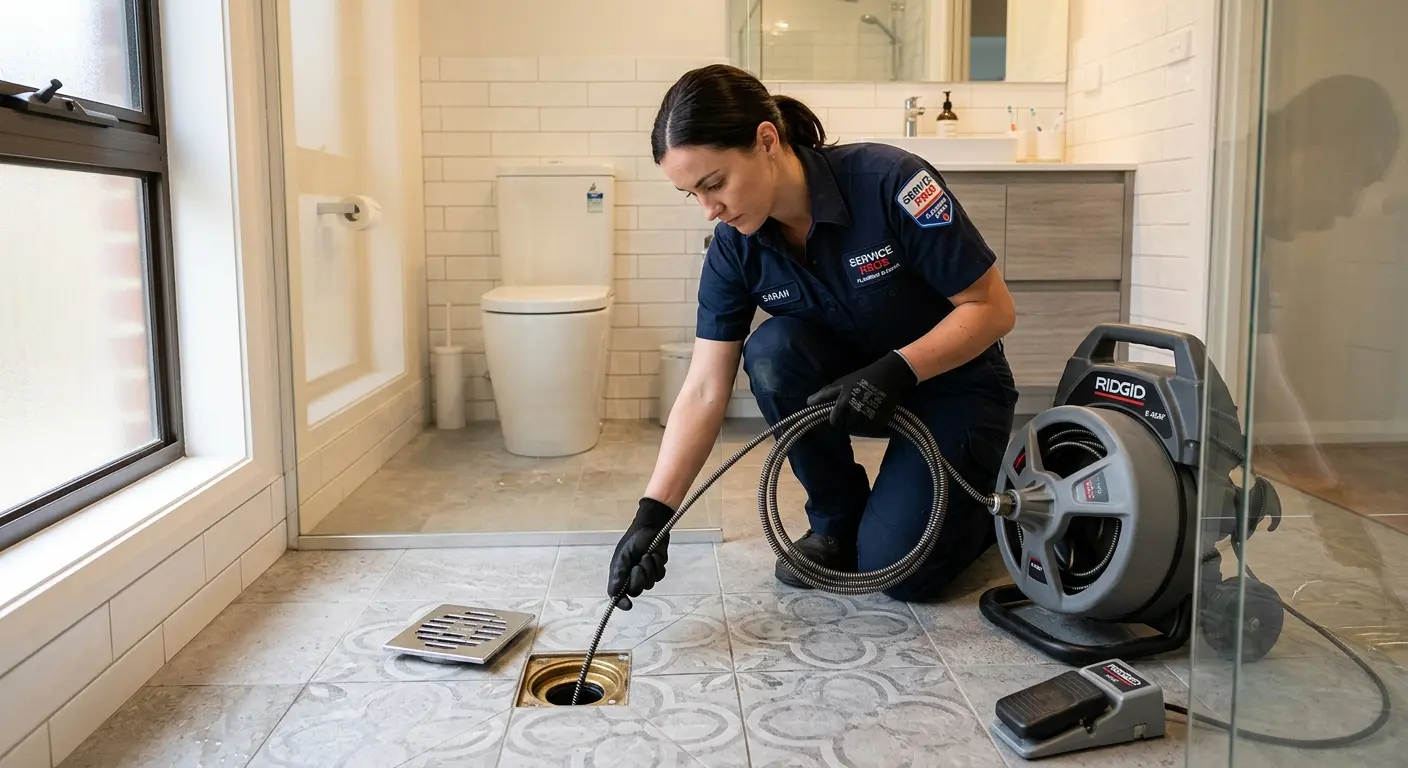 Technician clearing a bathroom floor drain for Drain Repair in River Park